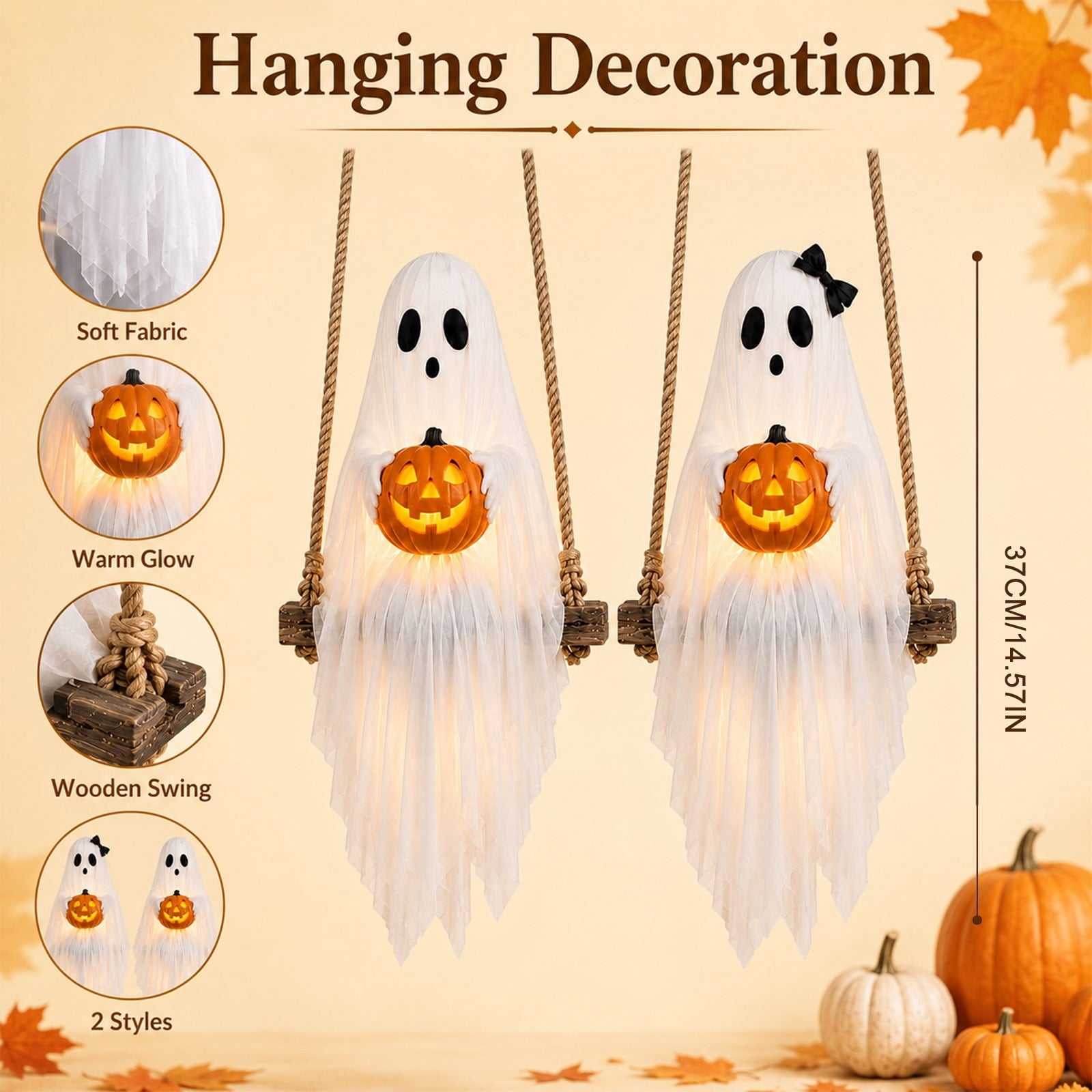 Spooksy™ Halloween Festival Ornament, Hanging Swing Ghost with LED Lights, 3.6FT Spooky Cute Ghost for Outdoor Lawn and Porch