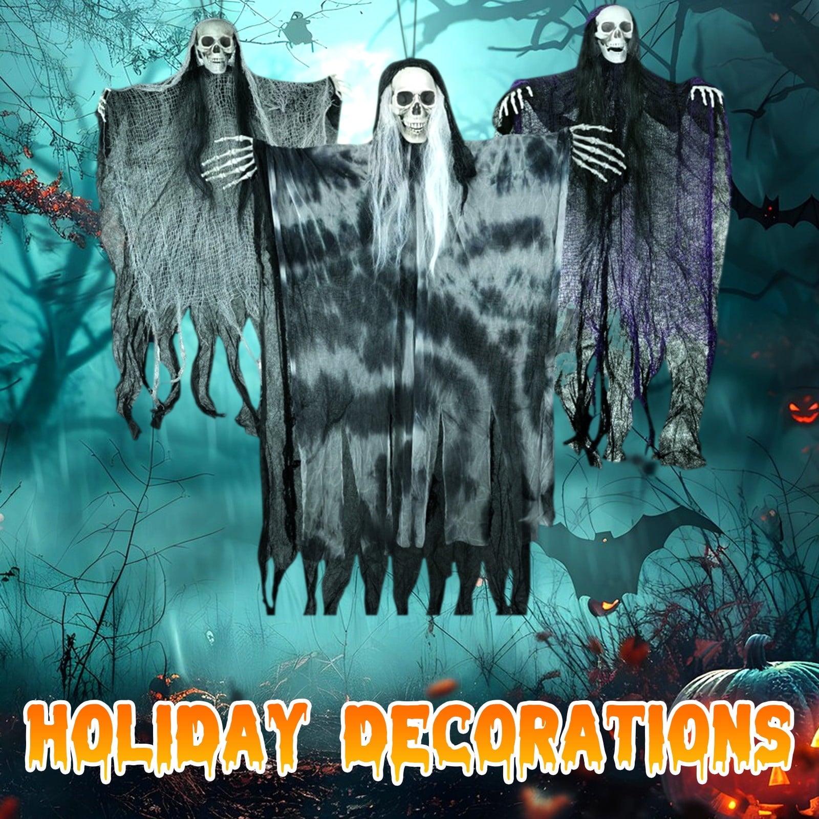 Spooksy™ 3 Pcs Hanging Halloween Skeleton Ghosts Decorations, Halloween Ornaments Outdoor/Indoor, Hanging Grim Reapers Halloween Decorations for Tree Yard Window Garden