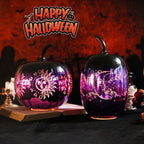 Spooksy™ 2pcs Fall Halloween Pumpkin-Purple Glass Pumpkin Ornament with Enchanted Moon & Star Pattern and Built - in Fairy Lights for Decor