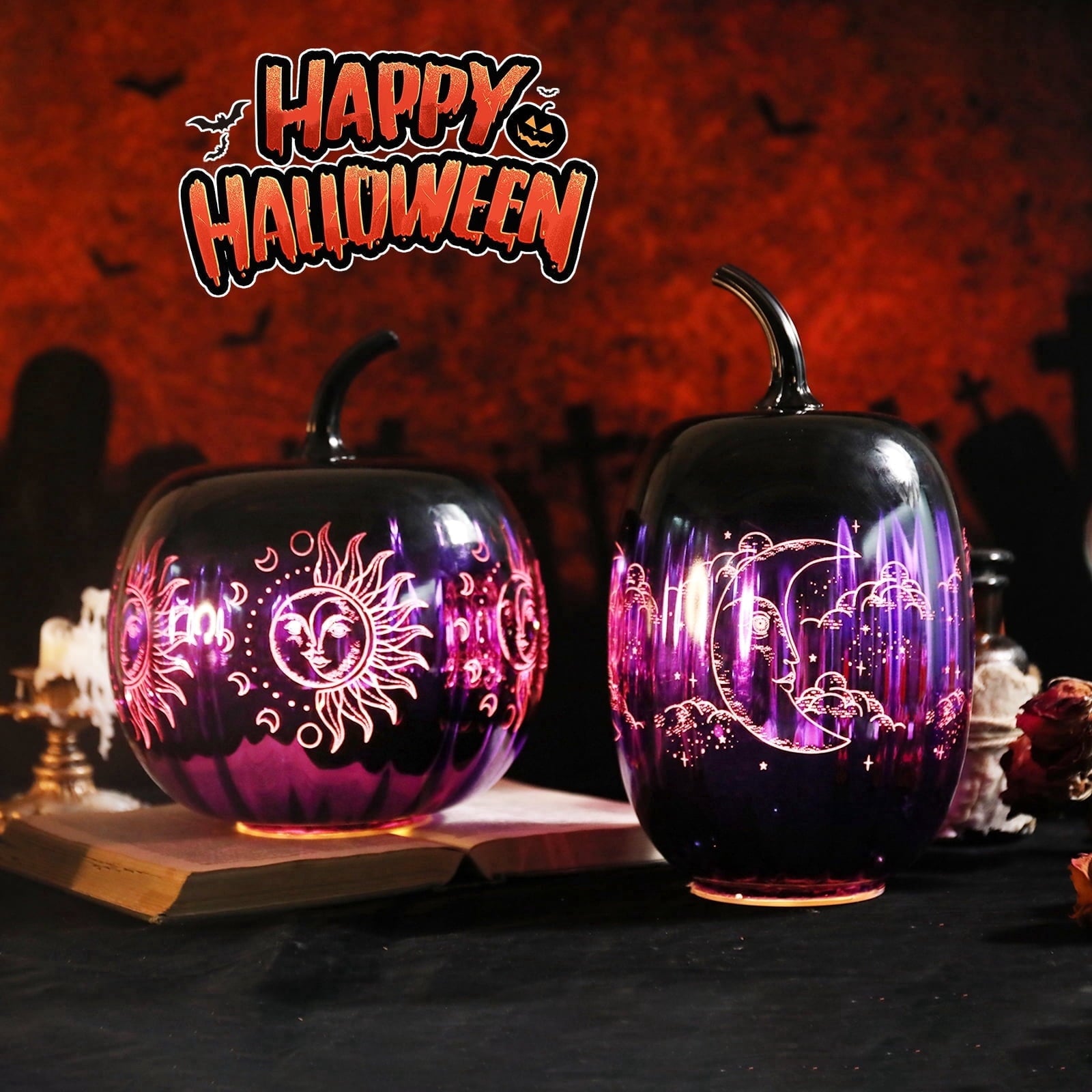 Spooksy™ 2pcs Fall Halloween Pumpkin-Purple Glass Pumpkin Ornament with Enchanted Moon & Star Pattern and Built - in Fairy Lights for Decor