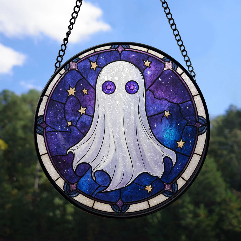 Spooksy™ Vintage Style Christmas Gift - Halloween White Cute Ghosts Spooky Oranges Stained Glass Hanging Ornament - Snow-Dusted Pines Christmas Tree Decor, Gift for Family & Friends, Keepsake 2025