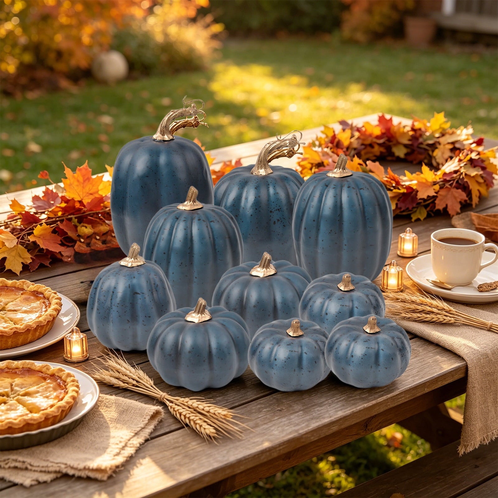 Spooksy™ Blue Artificial Pumpkins Decor Foam Pumpkin Ornament Fall Harvest Thanksgiving Halloween Mantel Tiered Tray Table Centerpiece Home Decoration Speckled Rustic Display Accent