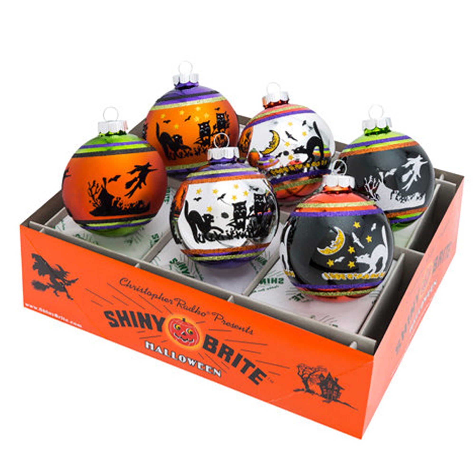 Spooksy™ Shiny Brite 3.25 Halloween Flocked Rounds Ornament Signature Cats Witch 4026976