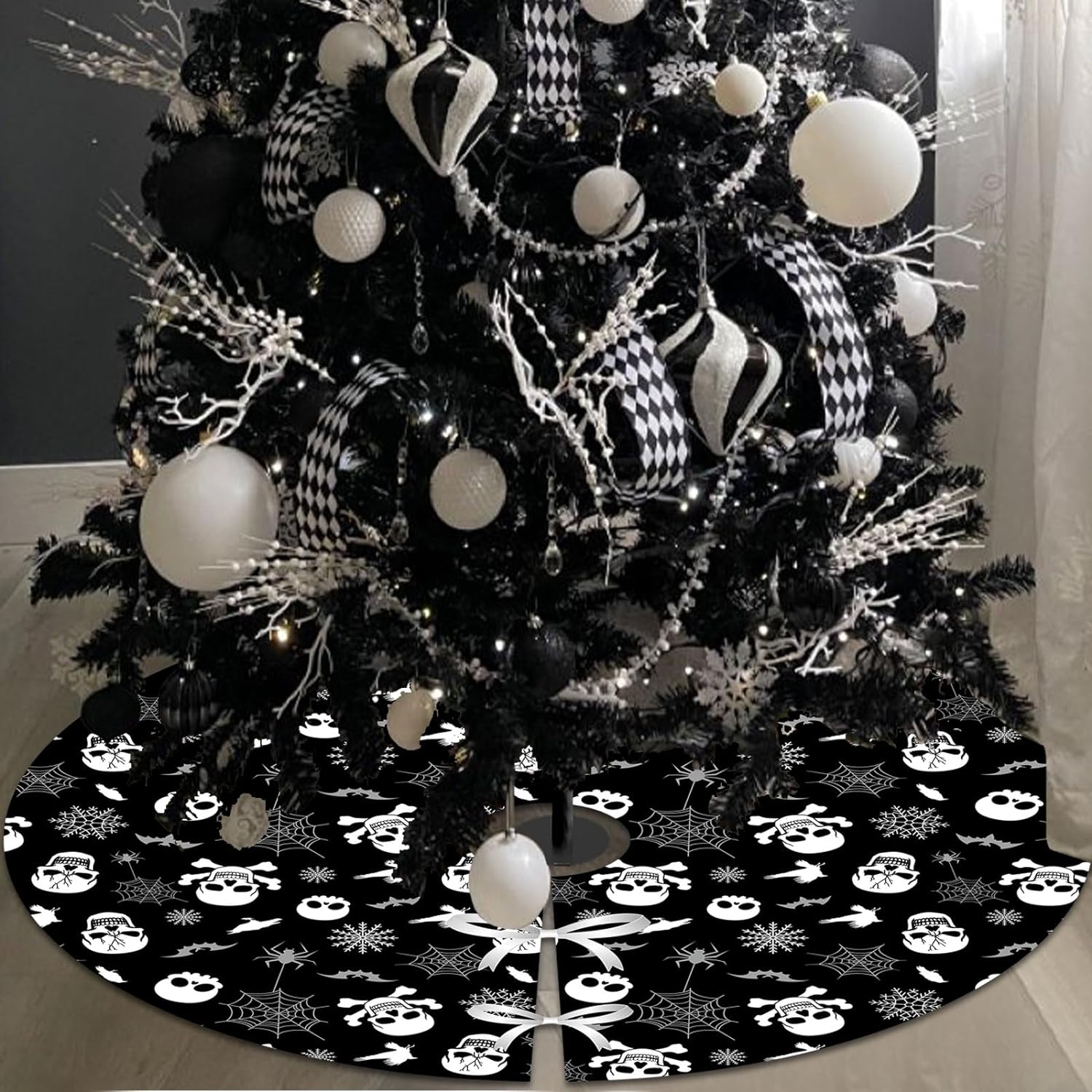 Spooksy™ Black Gothic Christmas Tree Decorations with Scary Skull Christmas Tree Skirt, Large Decorative Tree Topper Bow, 12Pcs Tree Hanging Ornaments for Winter Halloween Xmas Tree Decor
