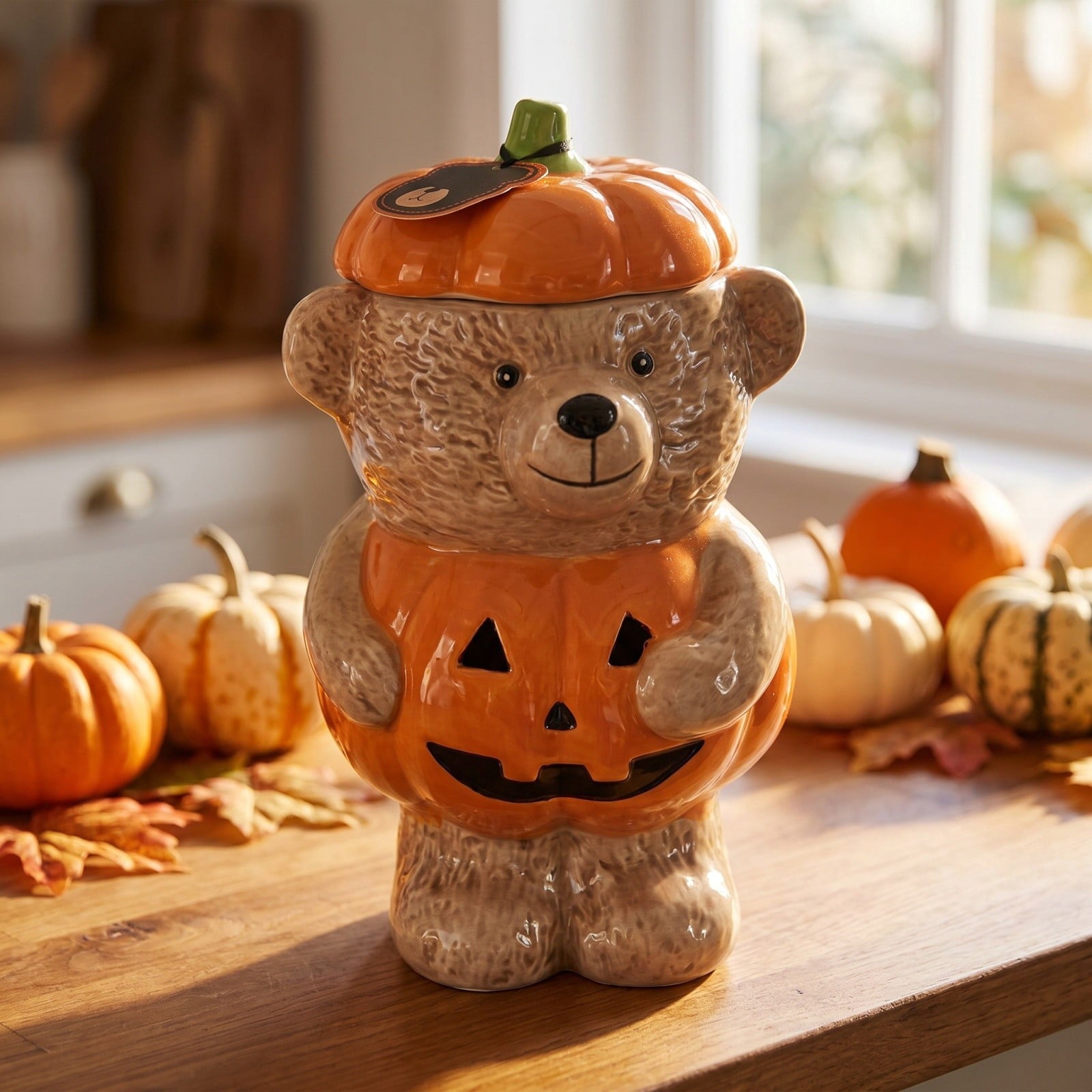 Spooksy™ Halloween Pumpkin Teddy Bear Candy Jar, Festive Snack Storage Container Decorative Resin Ornament, Cute Display Candy Holder for Kitchen Table Party Halloween Home Decoration Gift