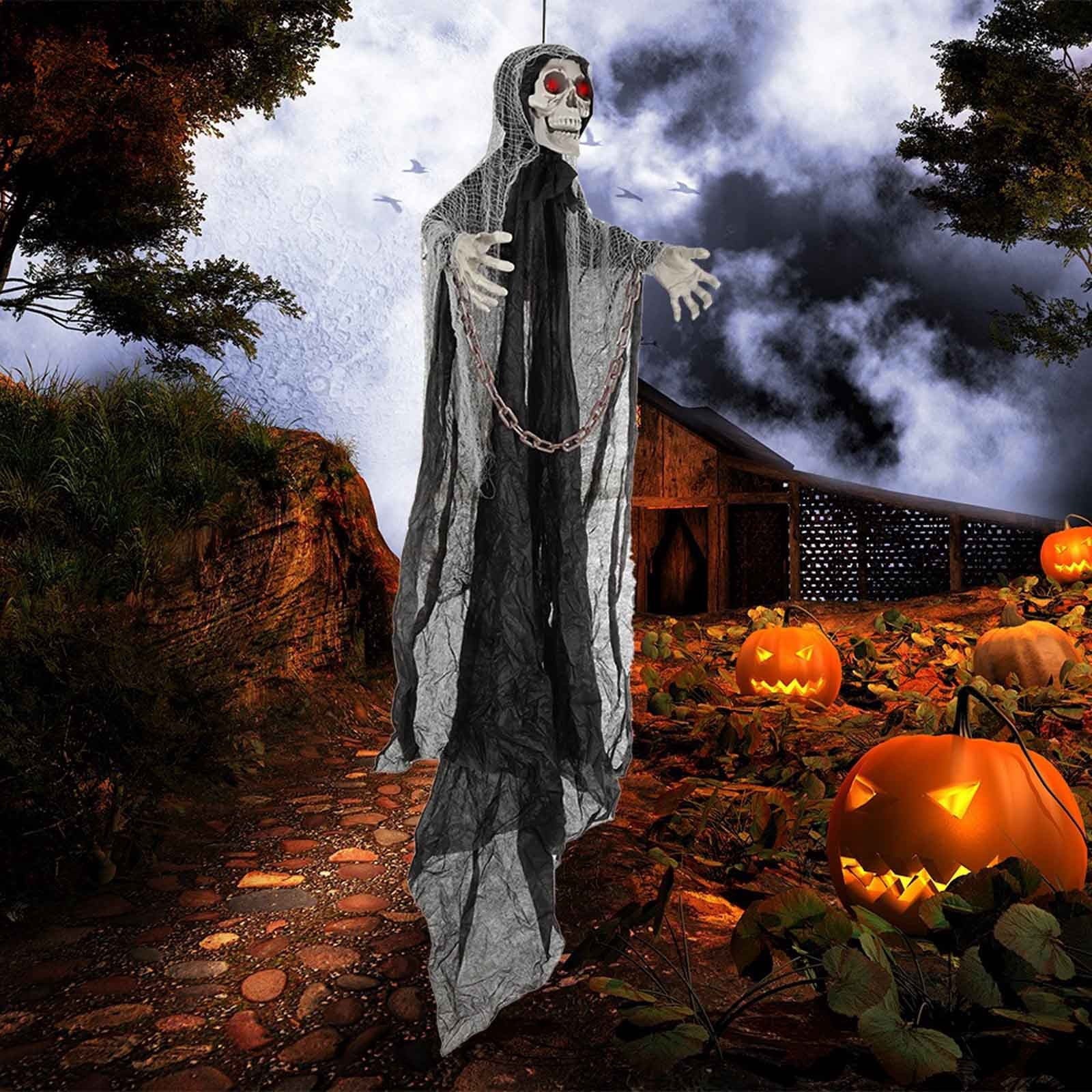 Spooksy™ Ghost Ornaments with Chain, Realistic Terrifying Halloween Hanging Statue, Durable Outdoor Plastic Courtyard Garden Decor, Spooky Porch Terrace Party Scene Prop