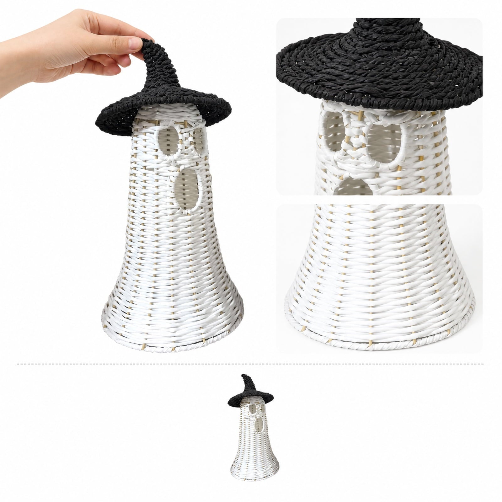 Spooksy™ White Ghost with Witch Hat, Ghost Ornaments Holiday Home Decor Halloween Tabletop Cute Ghost Figurines for Party Mantel Shelf Display Festive Celebrations