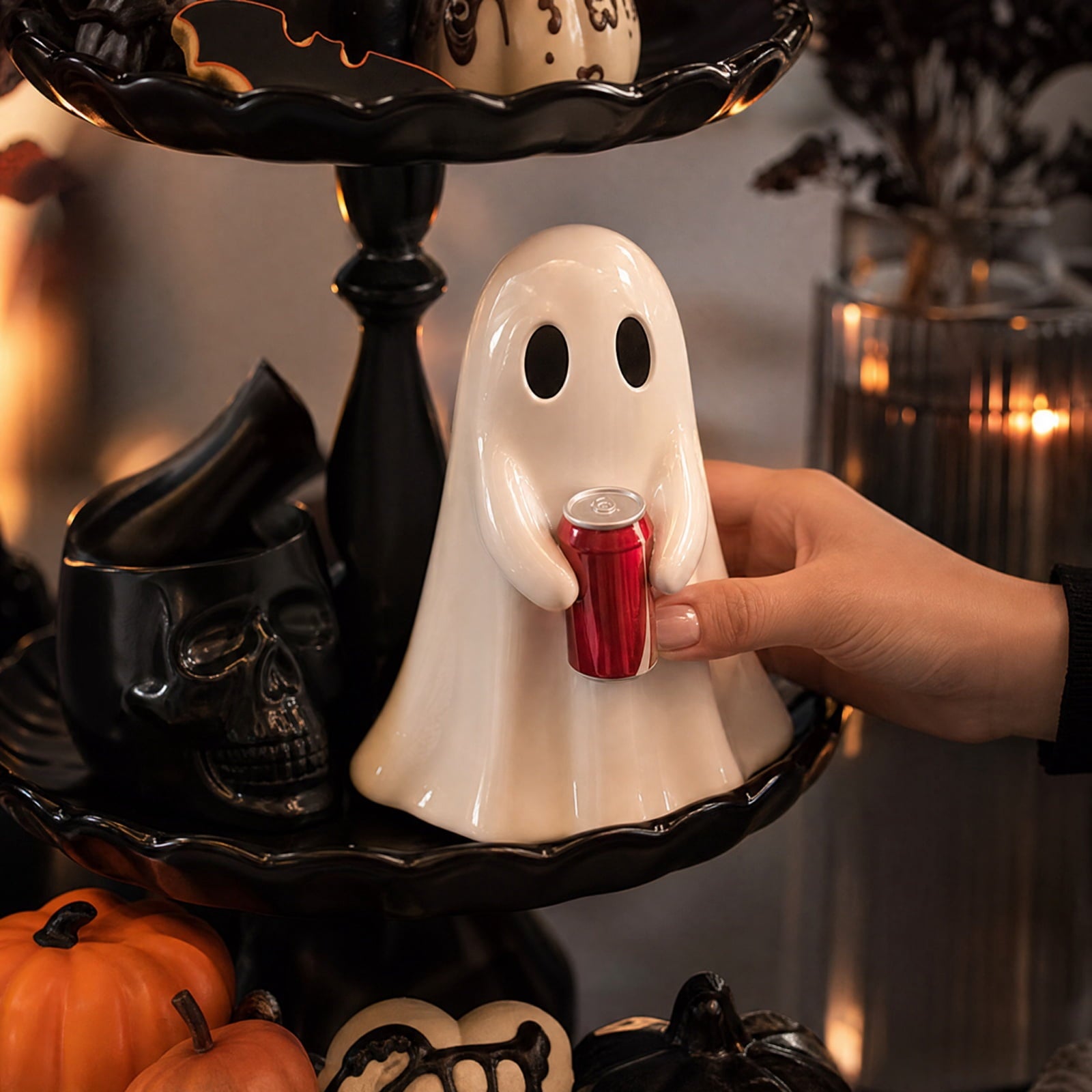 Spooksy™ Halloween Decor Cute Ghost Holding Soda Can Resin Figurine, Halloween Table Decor Spooky Ghost Desktop Ornament, Halloween Ornaments Funny Halloween Decorations for Indoor Home Party Shelf Display-A