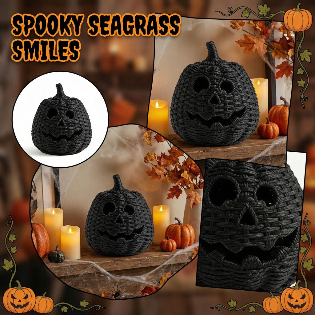 Spooksy™ XHKUYI Halloween Hand-Woven Pumpkin Decorations 10 inch, Happy Haunting Seagrass Plastic Pumpkin Ornament, for Halloween Entryway Tabletop Mantel Haunt House Porch Decor