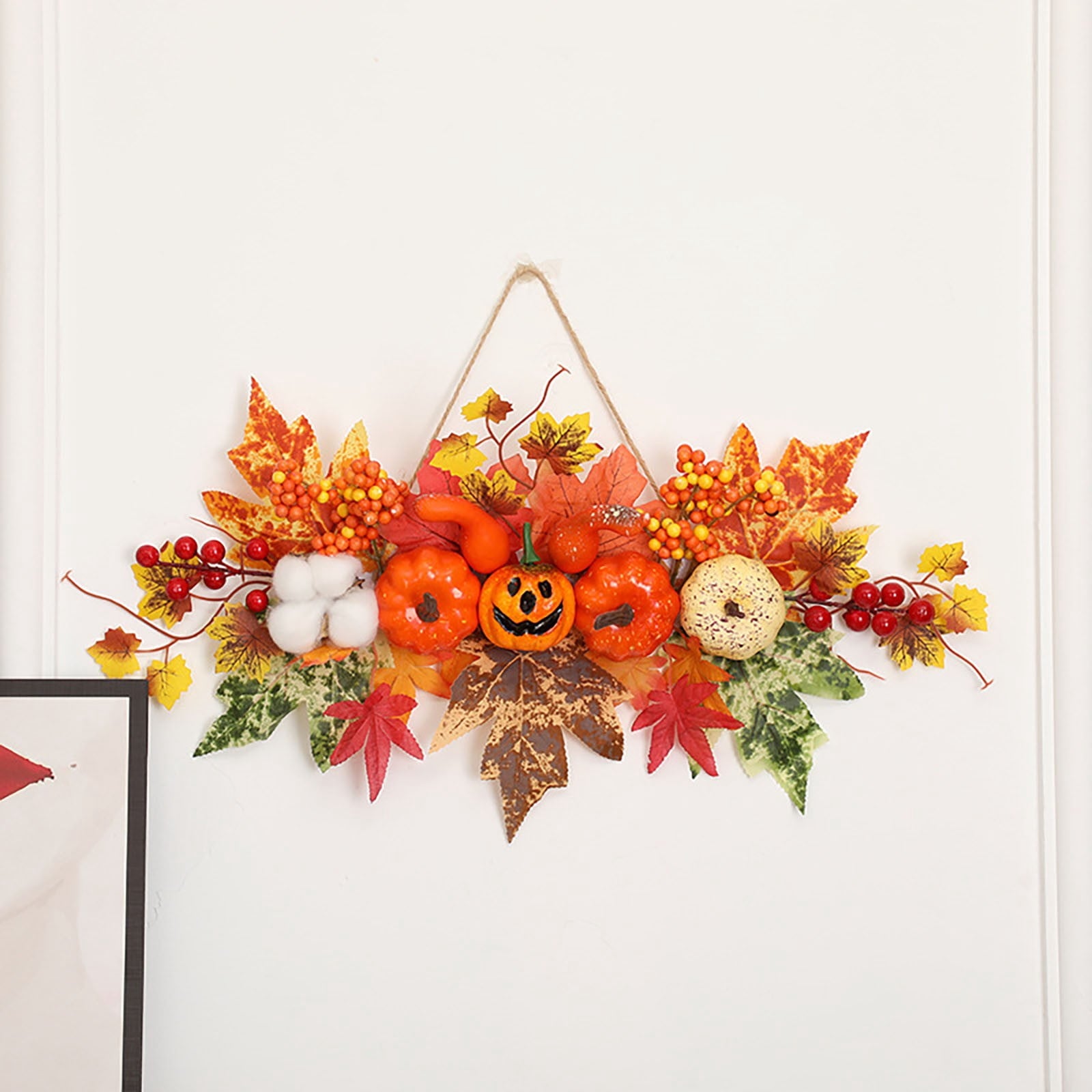 Spooksy™ Fall Harvest Pumpkin Maple Leaf Hanging Decor 18x13 Inch, Thanksgiving Halloween Door Wall Ornament with Jute Rope, Rustic Farmhouse Indoor Outdoor Porch Party Decoration