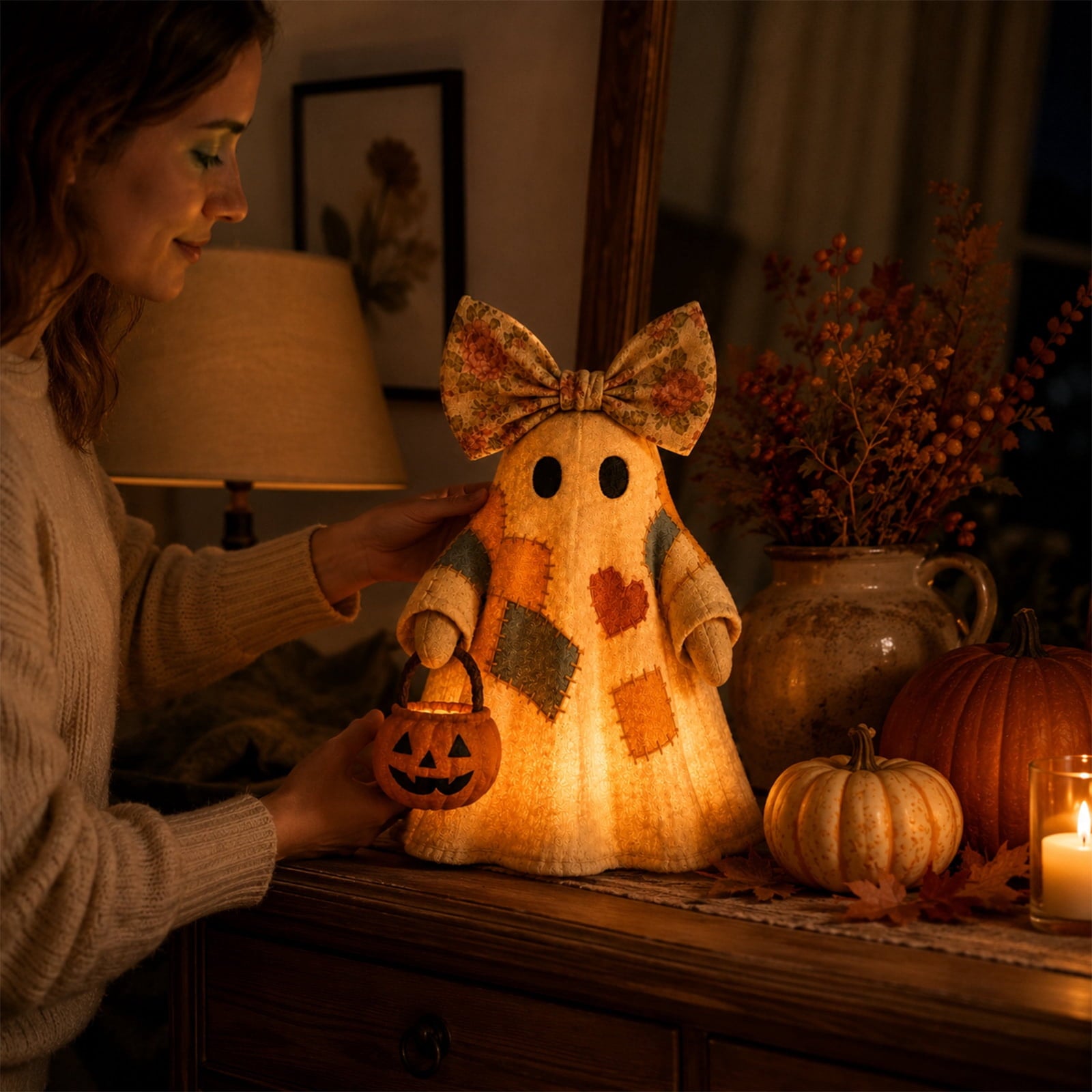 Spooksy™ 1PCS 13.78 inch Lighted Vintage Patchwork Ghost, Retro Quilted Light Up Figurine, Farmhouse Style Halloween Ornament for Seasonal Home Display