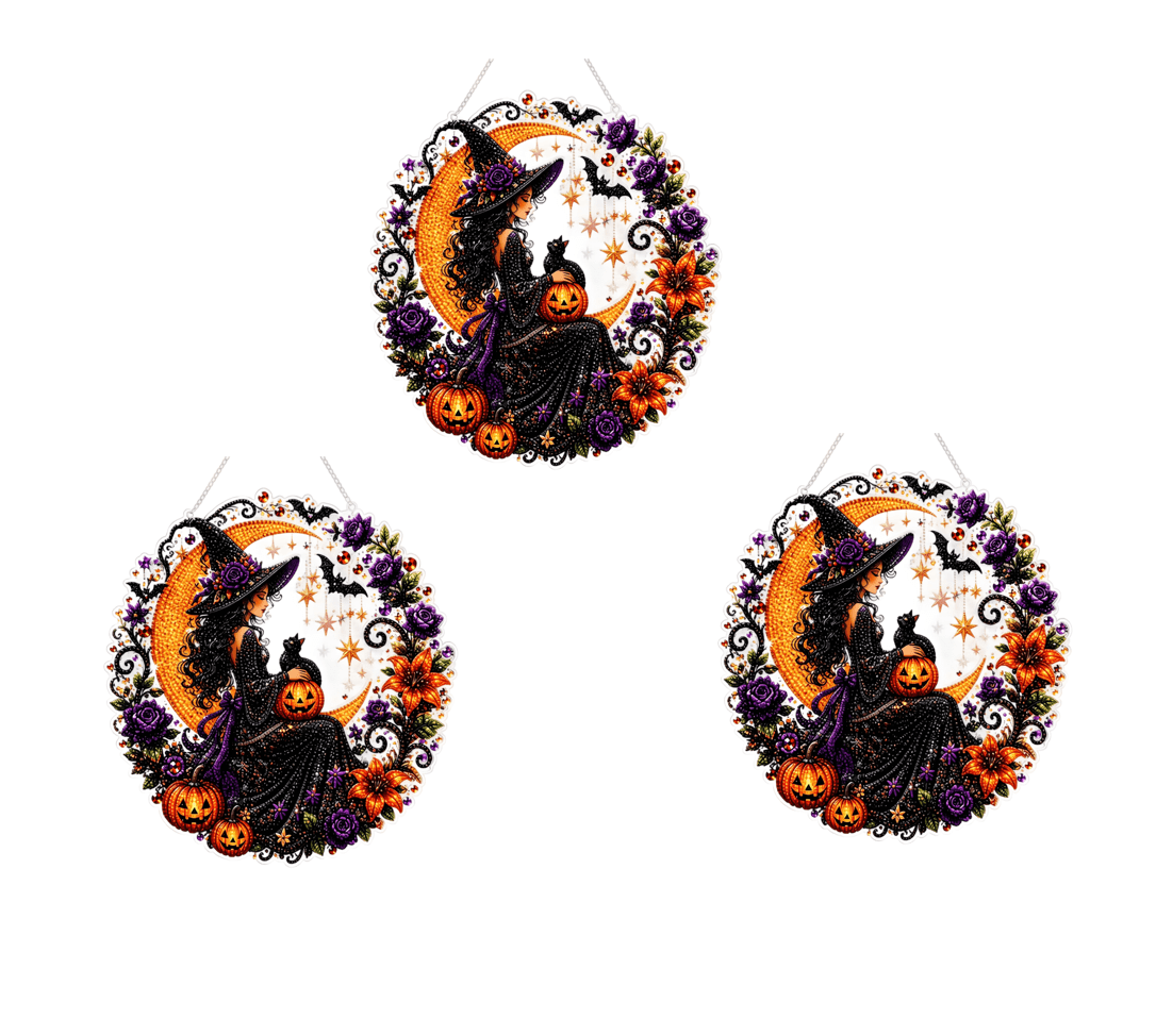 Spooksy™ 3Pcs Halloween Witch Diamond Art Hanging Ornament Kit, 8.26 Inch Halloween Black Cat Moon Diamond Art Hanging Ornament Kit, Hanging Halloween Decorations for Home, Black Cat Halloween Decor