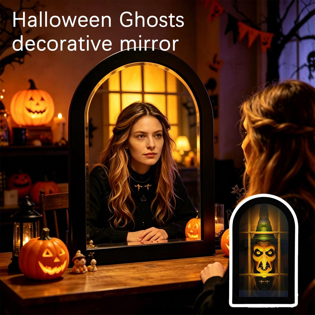 Spooksy™ Holographic Halloween Witch Mirror Decorative Metal Ornament for Holiday Ambience and Unique Festival Display
