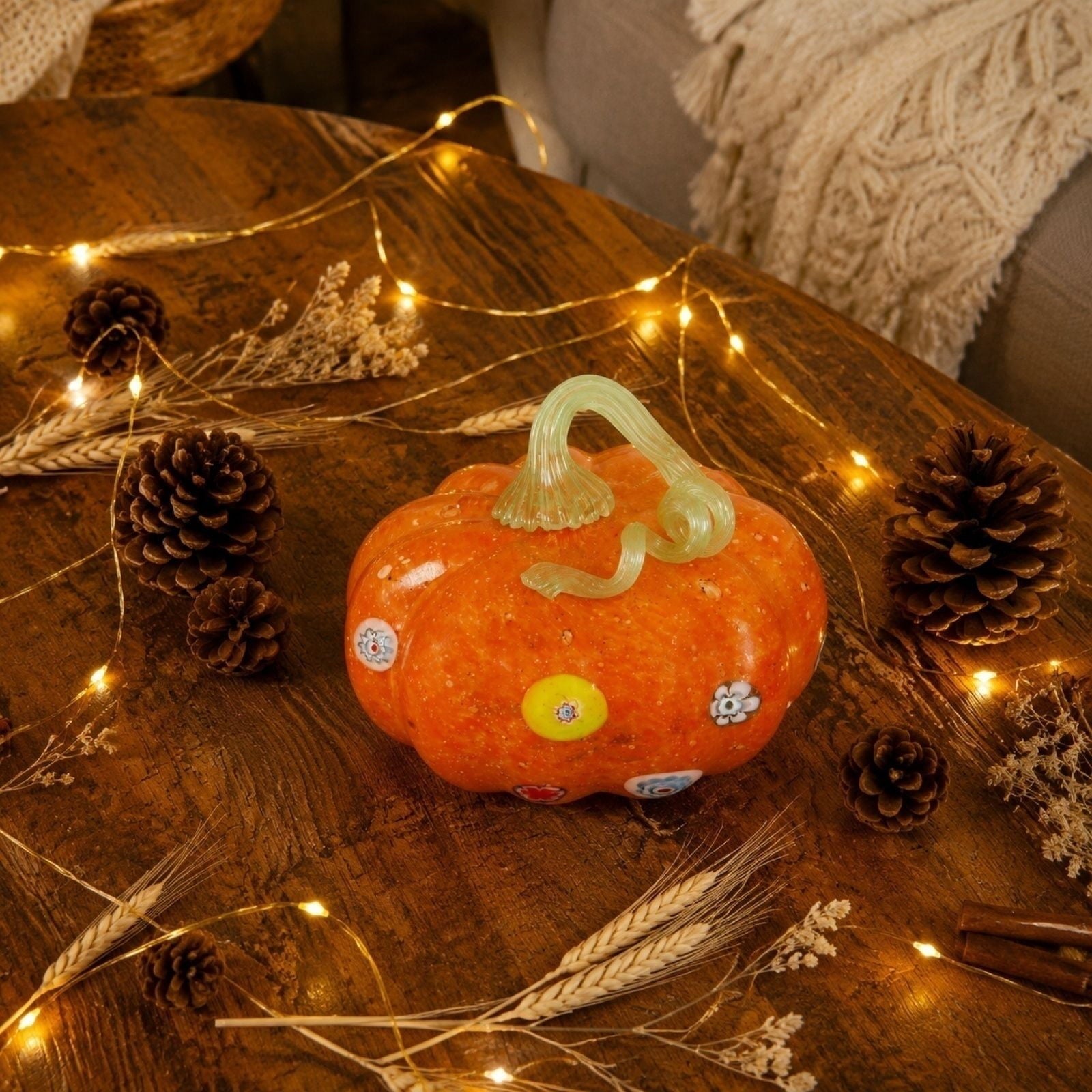 Spooksy™ Hand Blown Glass Pumpkin Figurines Halloween Decorations - Colorful Halloween Pumpkin Ornaments with Unique Swirl Patterns, Festive Tabletop & Tree Hanging Decoration