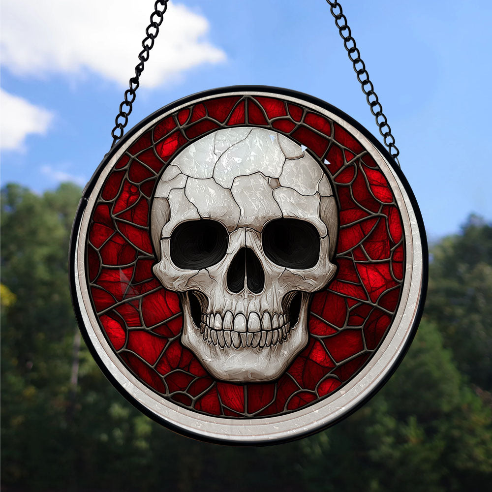 Spooksy™ Small Business Christmas Gift - Halloween White Skeleton Skull Spooky Reds Stained Glass Hanging Ornament - Merry Christmas Tree Decor, Thoughtful Holiday Gift for Mom, Dad, Friends, Family