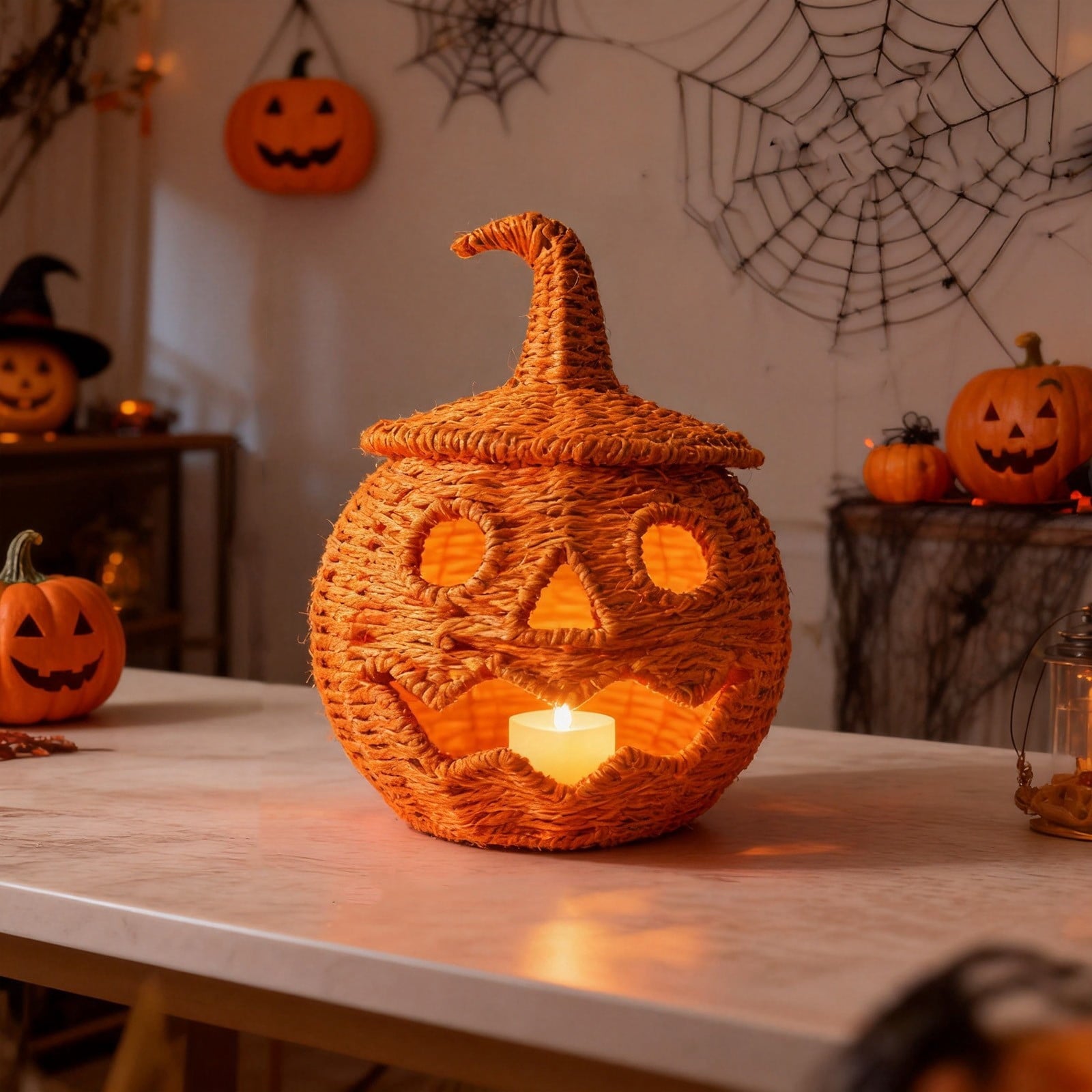 Spooksy™ Hand Woven Jack O Lantern Pumpkin Desktop Ornament Spooky Hollow Pumpkin Figurine For Shelf Mantel Tabletop Halloween Gothic Fall Home Decor(Style A-Orange)