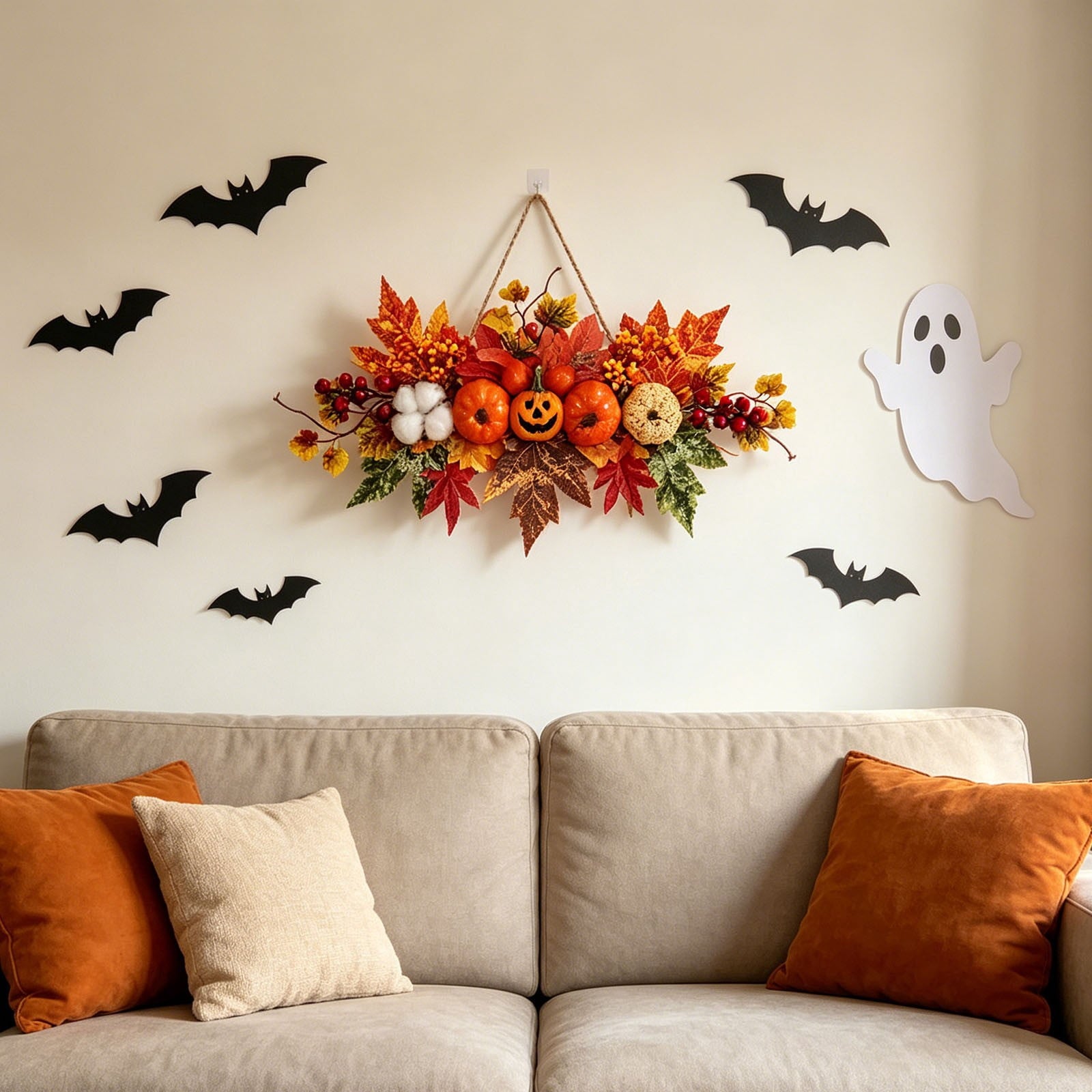 Spooksy™ Gaecuw Halloween Hanging Ornament, Maple Leaf Pumpkin Wall Decor with Rope for Front Door Fall Display