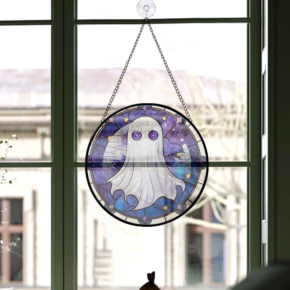 Spooksy™ Vintage Style Christmas Gift - Halloween White Cute Ghosts Spooky Oranges Stained Glass Hanging Ornament - Snow-Dusted Pines Christmas Tree Decor, Gift for Family & Friends, Keepsake 2025