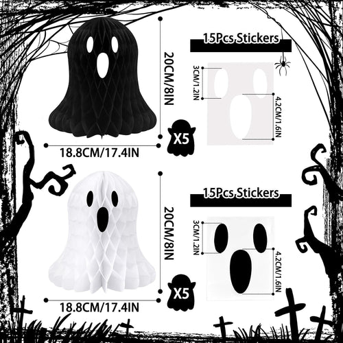 Spooksy™ 10 PCS Halloween Ornaments Hanging Cute White Black Ghost Honeycomb Decoration Halloween Tree Decorations Paper Ghost Table Decor for Home Office Classroom Holiday Party Supplies
