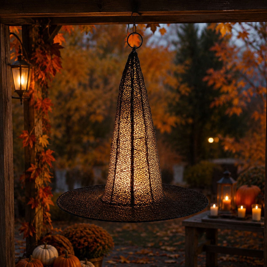 Spooksy™ Halloween Witch Hat Light Hanging Decoration, LED Glowing Party Ornament Battery Operated Easy Hanging Spooky Reusable for Front Door Window Fireplace Porch Hauntedy Houses Halloween Party Decor
