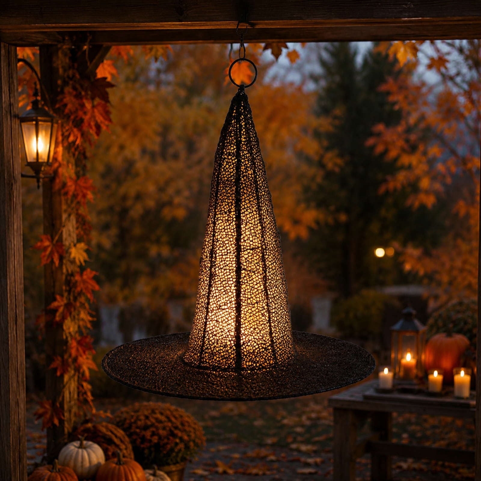 Spooksy™ Halloween Witch Hat Light Hanging Decoration, LED Glowing Party Ornament Battery Operated Easy Hanging Spooky Reusable for Front Door Window Fireplace Porch Hauntedy Houses Halloween Party Decor