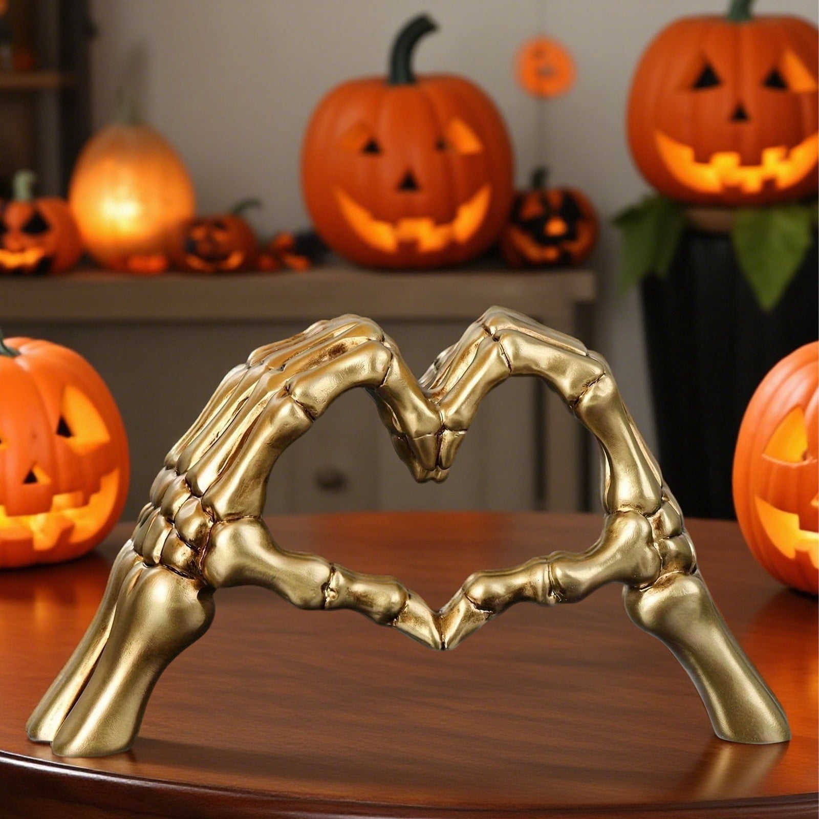 Spooksy™ Halloween Resin Abstract Skeleton Statue Love Ornaments Heart Shape Finger Gesture Figurines Halloween Home Desktop Decoration for Shelf Display Coffee Table Centerpiece Wedding Decor