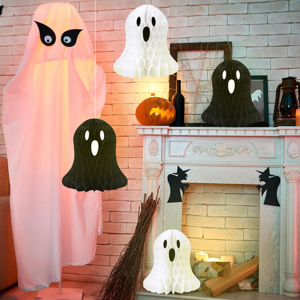 Spooksy™ 10 PCS Halloween Ornaments Hanging Cute White Black Ghost Honeycomb Decoration Halloween Tree Decorations Paper Ghost Table Decor for Home Office Classroom Holiday Party Supplies