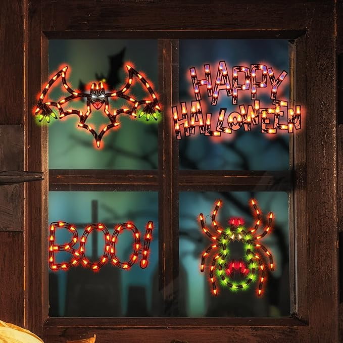 Spooksy™ 4-Pack Halloween Lighted Window Silhouette Lights, LED Hanging Ornaments with Cobweb, Pumpkin, Cat and Skull Designs