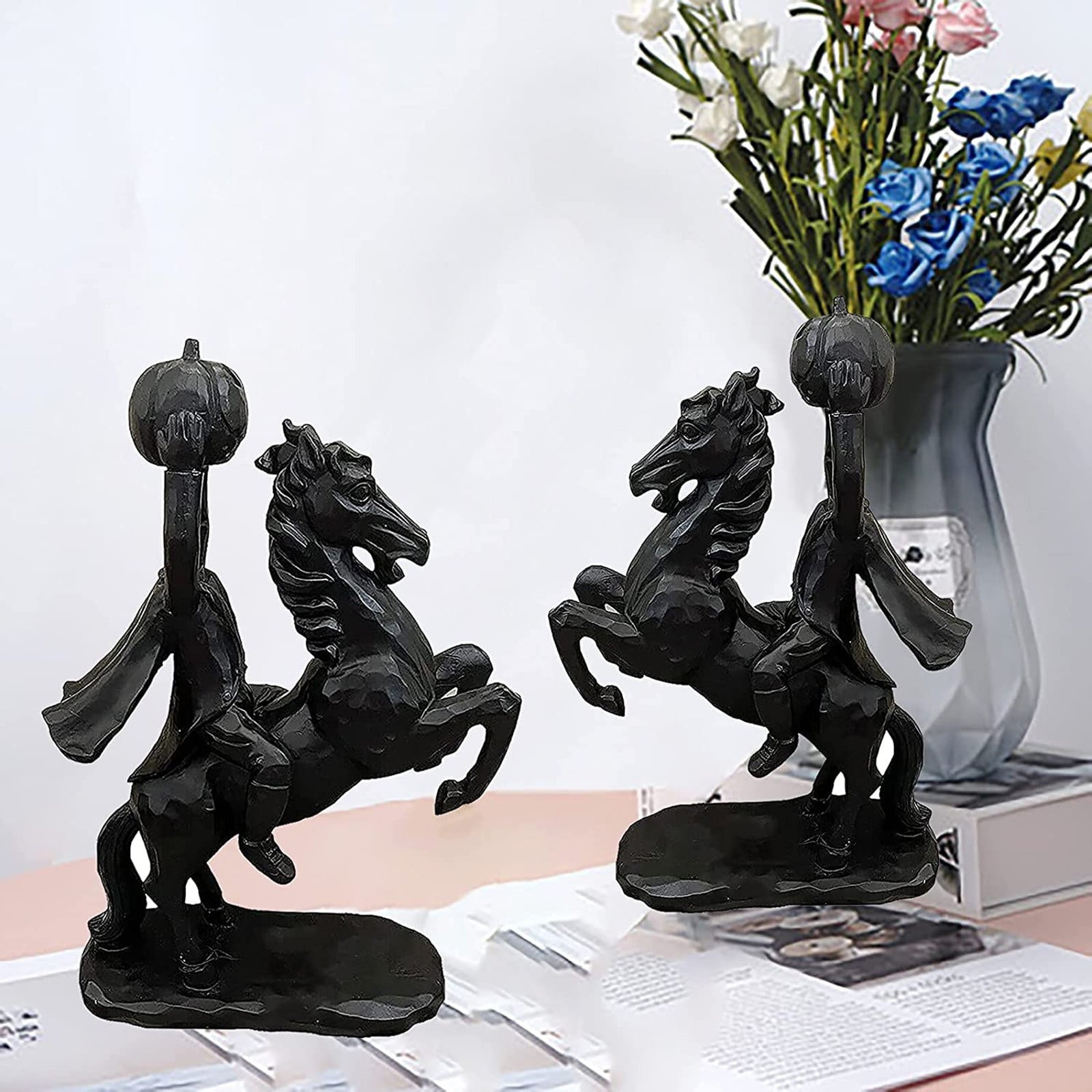 Spooksy™ Desktop Ornament Headless Horseman Resin Statue for Halloween Home Display, 22x12x9 cm, Black