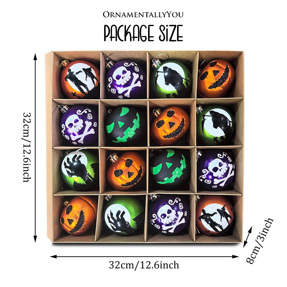 Spooksy™ The Face of Spooky Horror 16 Piece Ornament Shatterproof Bundle Set, Halloween Pumpkin, Zombie, and Goblin