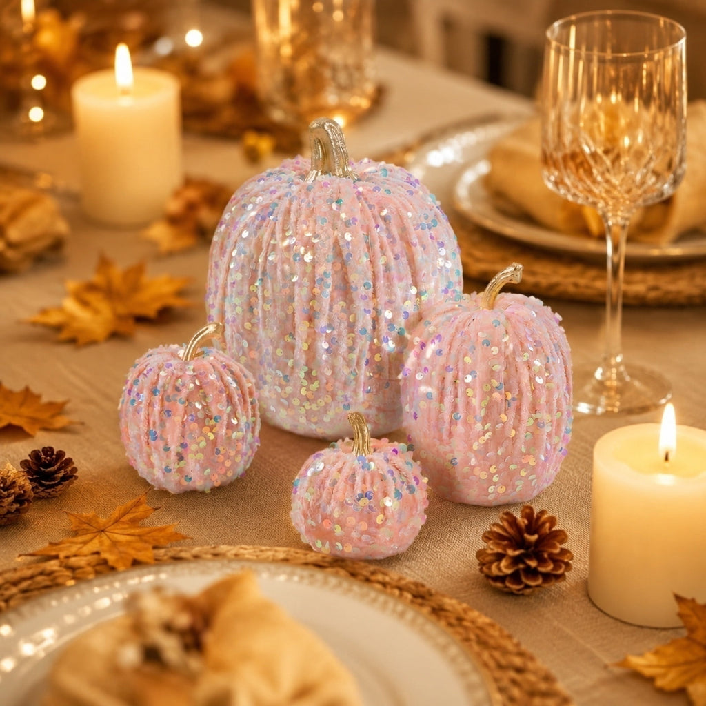 Spooksy™ Gaecuw 7 Pack Glitter Pumpkin Decor Sequin Velvet Fall Ornaments for Thanksgiving Table, Halloween Display, Mixed Sizes, Beige