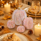 Spooksy™ Gaecuw 7 Pack Glitter Pumpkin Decor Sequin Velvet Fall Ornaments for Thanksgiving Table, Halloween Display, Mixed Sizes, Beige