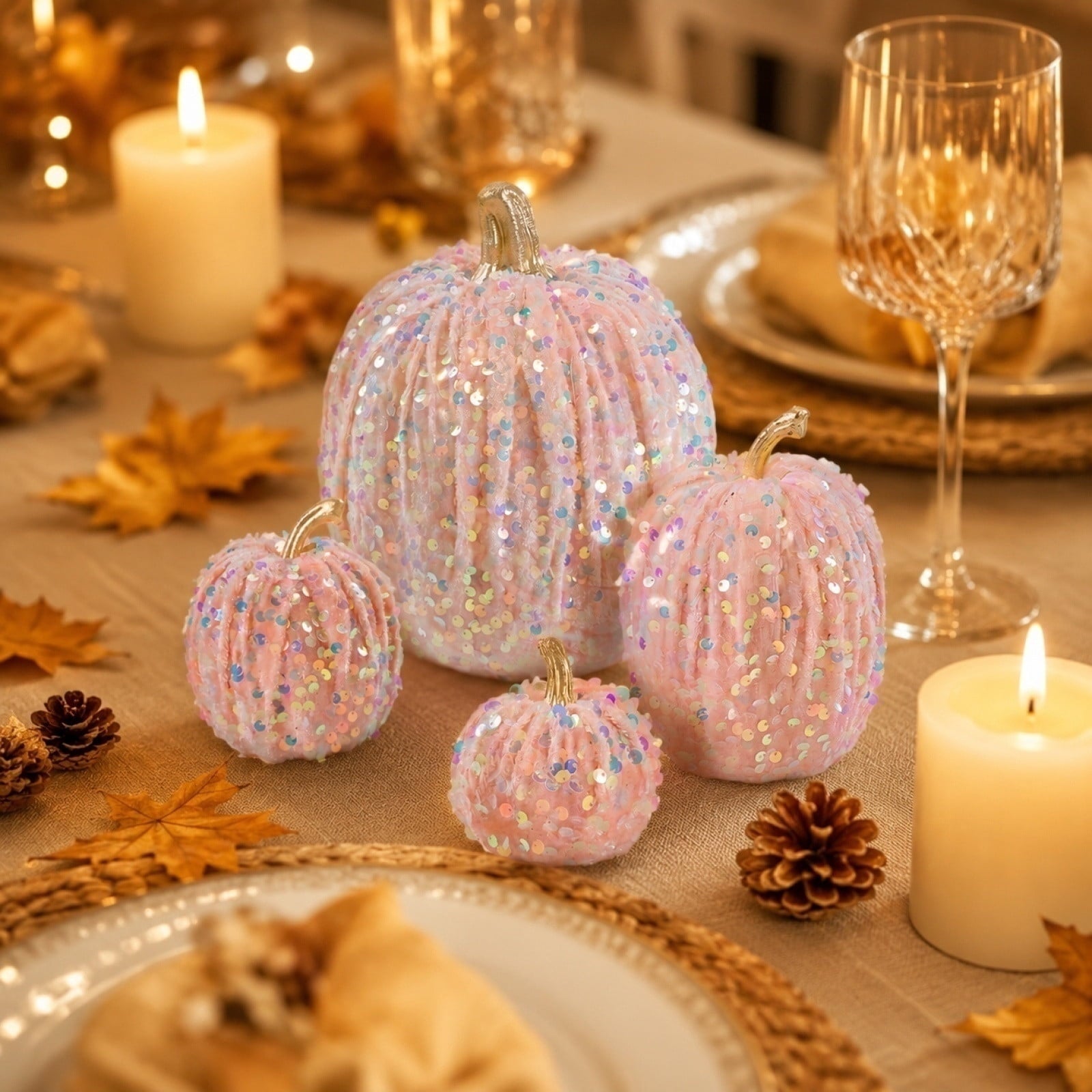 Spooksy™ Gaecuw 7 Pack Glitter Pumpkin Decor Sequin Velvet Fall Ornaments for Thanksgiving Table, Halloween Display, Mixed Sizes, Beige