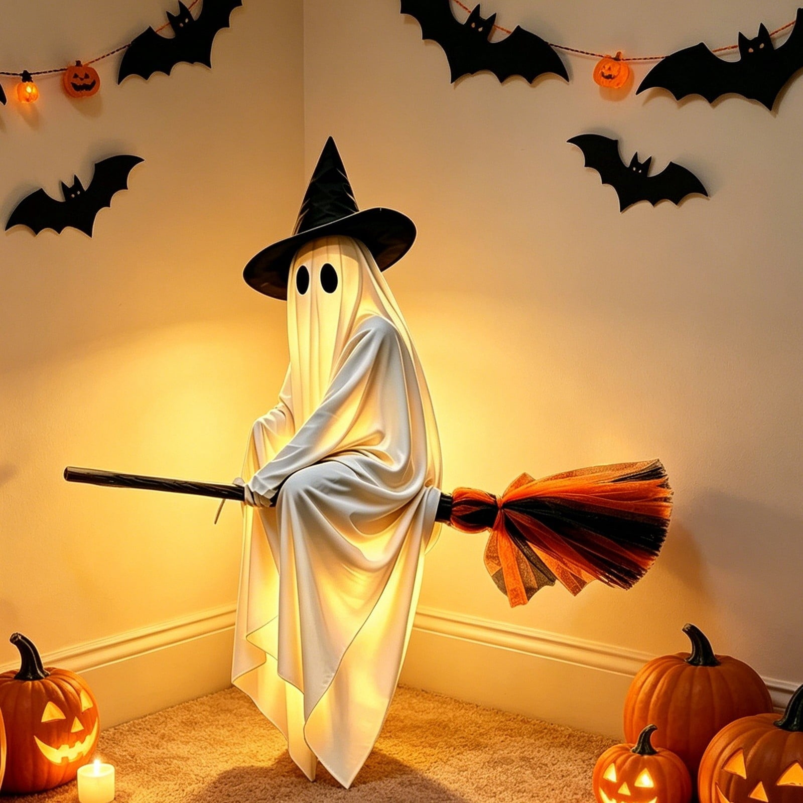 Spooksy™ Halloween Glowing Ornament with Lighted Witch Hat - Flying Hanging Decor for Home Porch Yard, Holiday Scene Prop for Halloween Celebration