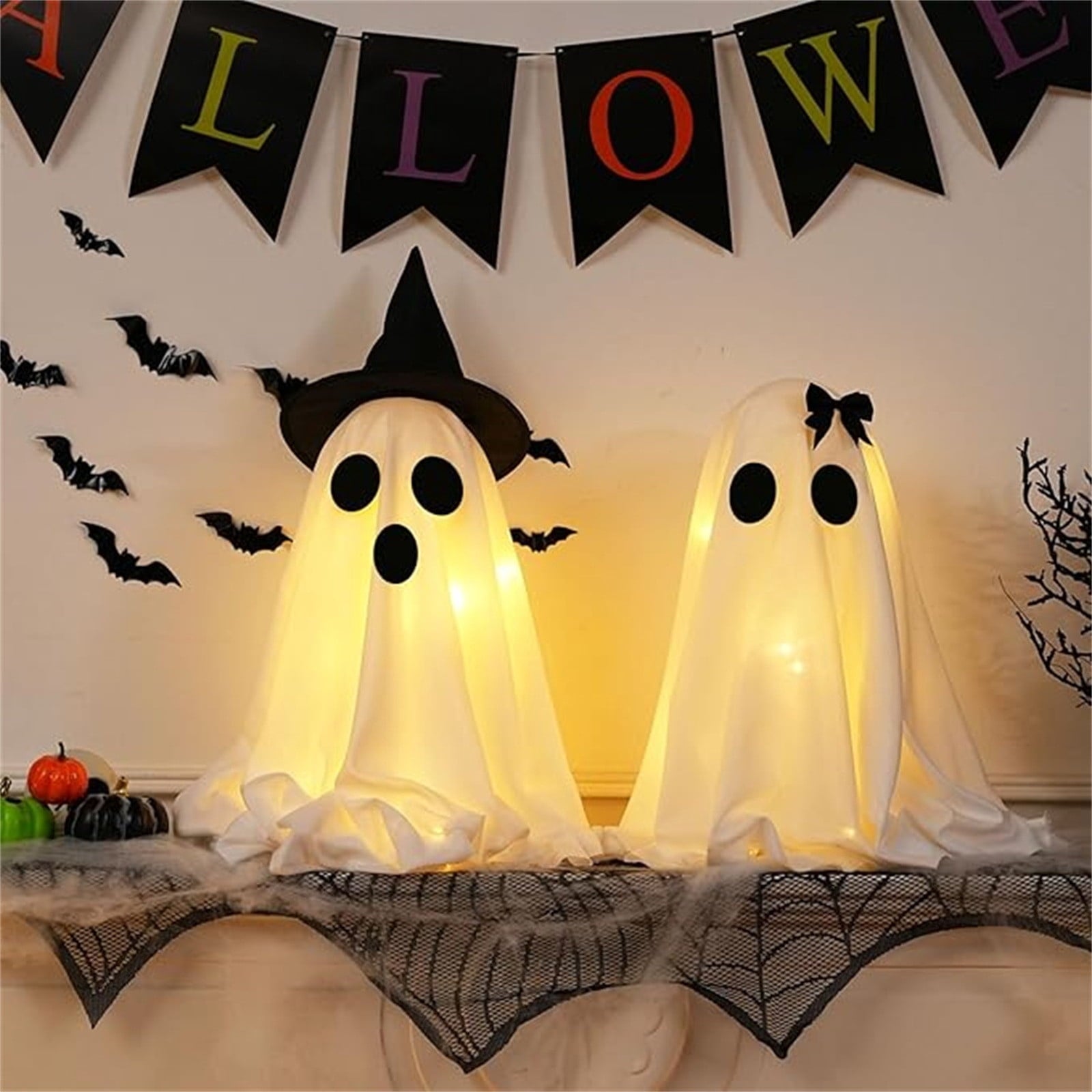 Spooksy™ 2PCS Halloween Ghost Light Set Decoration, Cute Ghost Light up for Home Halloween Party Tabletop Kitchen Counter Fireplace Mantle Decoration