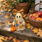 Spooksy™ GIPQJK Summerween Cute Ghost Resin Figure with Bow Tie Holding Pumpkin Statue, Creative Halloween Desktop Shelf Home Decor Ornament A