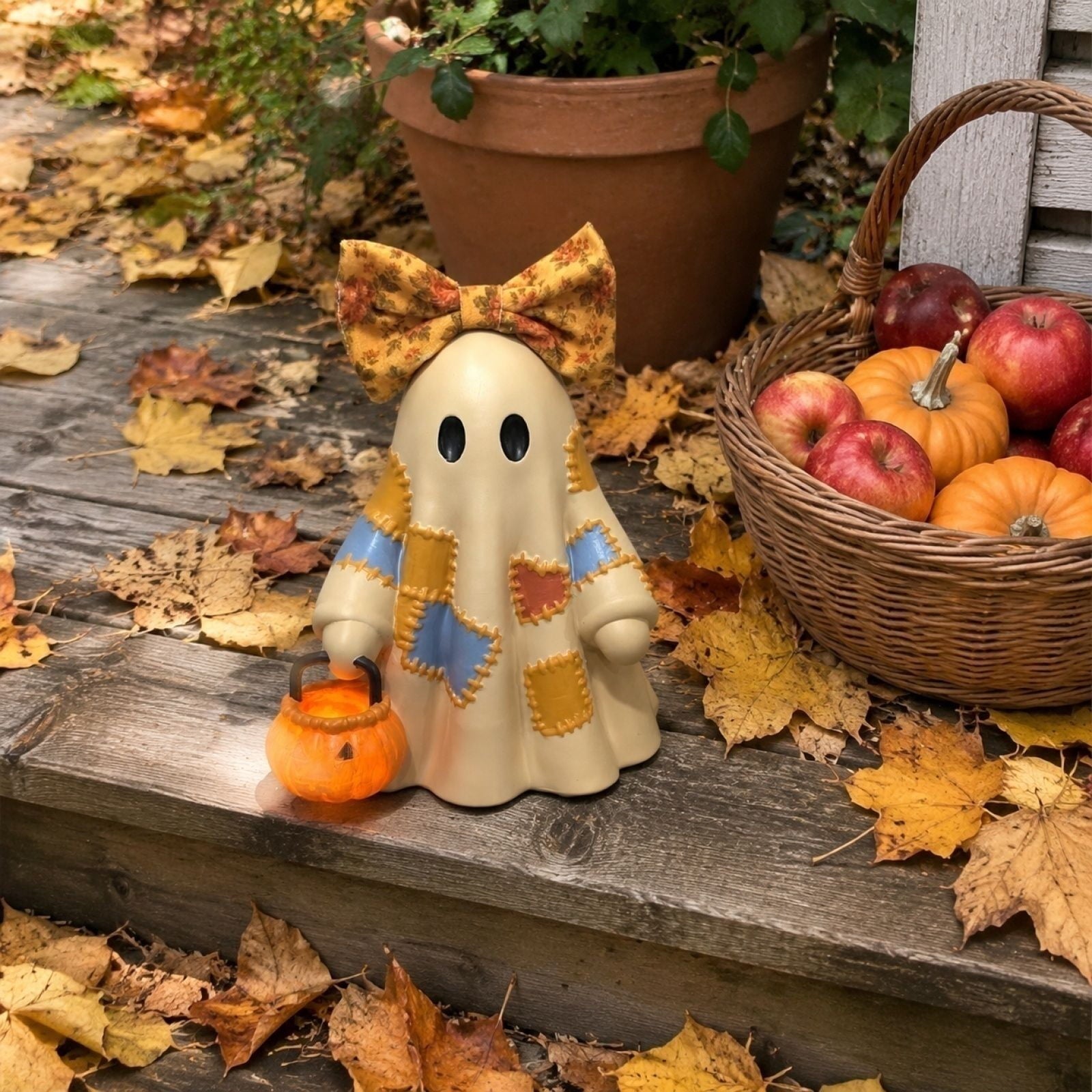 Spooksy™ GIPQJK Summerween Cute Ghost Resin Figure with Bow Tie Holding Pumpkin Statue, Creative Halloween Desktop Shelf Home Decor Ornament A