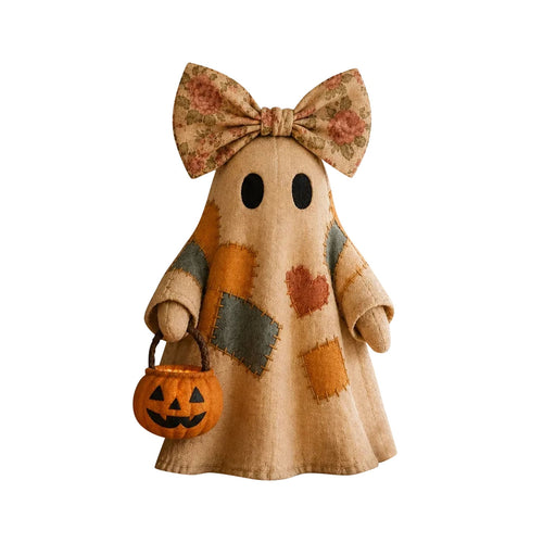 Spooksy™ 1PCS 13.78 inch Lighted Vintage Patchwork Ghost, Portable LED Glowing Ghost, Cute Halloween Ornament with Patchwork Design for Home Party