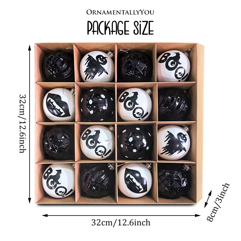 Spooksy™ Creepy Boo Assorted 16 Piece Black and White Ornament Bundle, Monochrome 3" Halloween Bauble Set