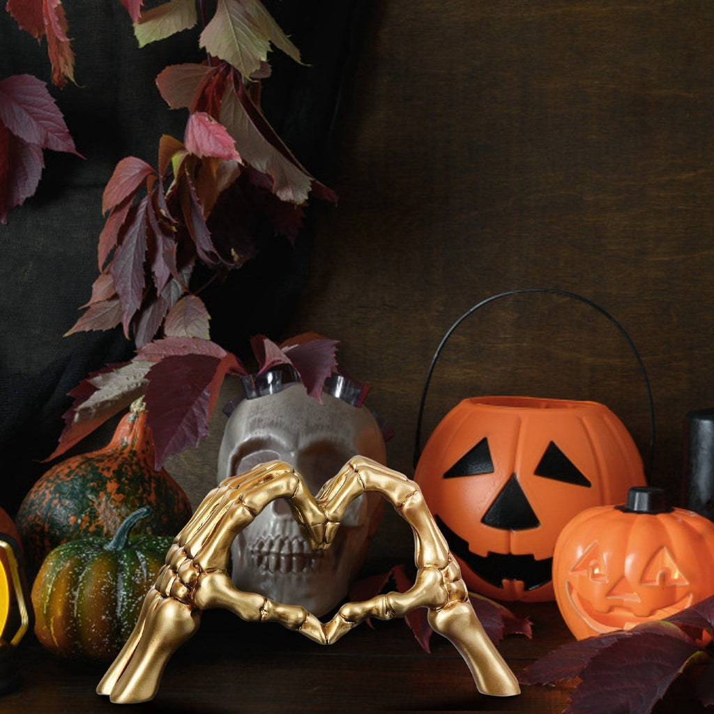 Spooksy™ Halloween Resin Abstract Skeleton Statue Love Ornaments Heart Shape Finger Gesture Figurines Halloween Home Desktop Decoration for Shelf Display Coffee Table Centerpiece Wedding Decor