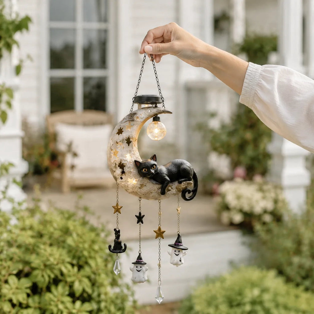 Spooksy™ Homellea Crescent Moon Black Cat Solar Hanging Light, Halloween Resin Ornament with Ghost, Star and Crystal Look Drops for Tree, Porch, Patio, Garden, Balcony and Seasonal Outdoor Display