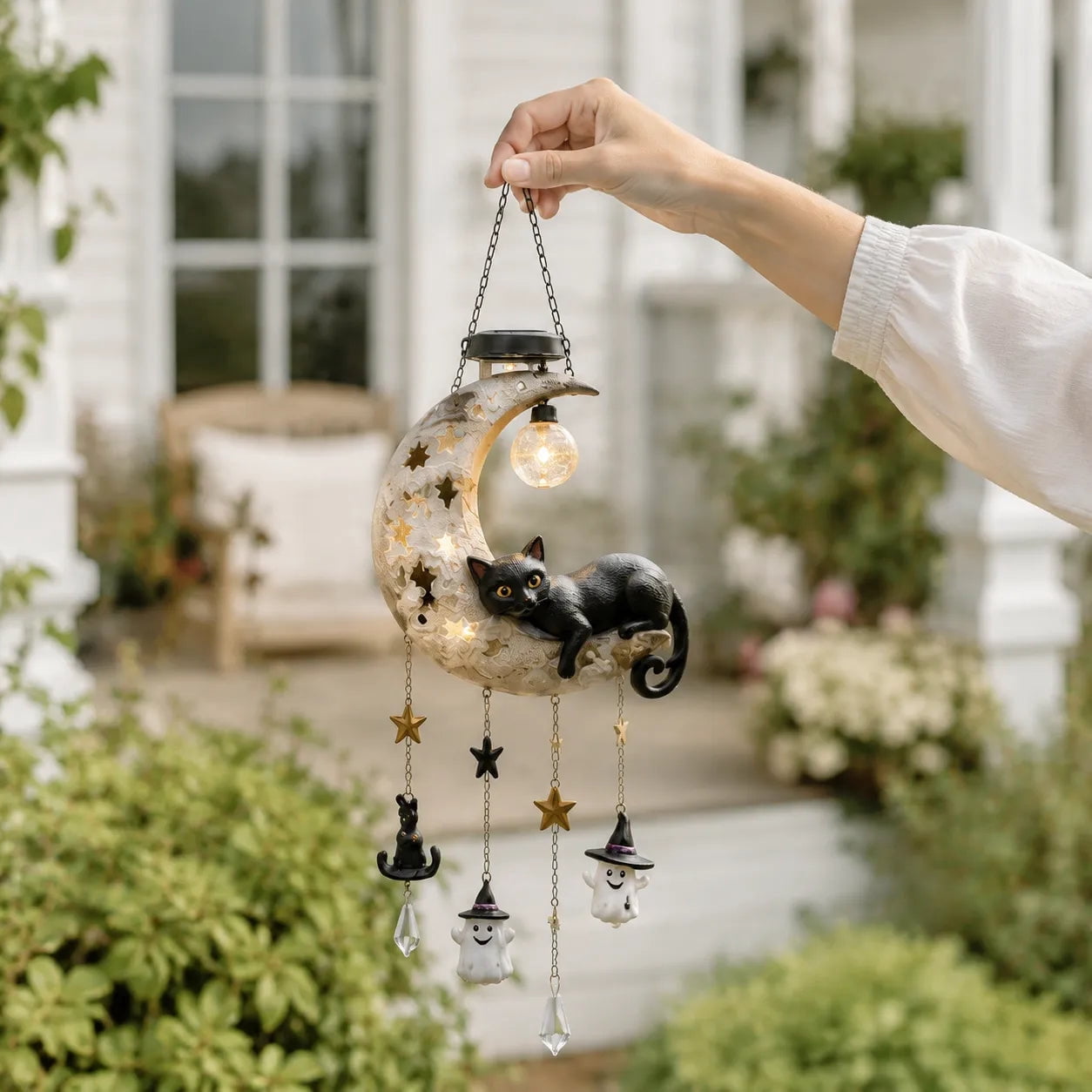 Spooksy™ Homellea Crescent Moon Black Cat Solar Hanging Light, Halloween Resin Ornament with Ghost, Star and Crystal Look Drops for Tree, Porch, Patio, Garden, Balcony and Seasonal Outdoor Display