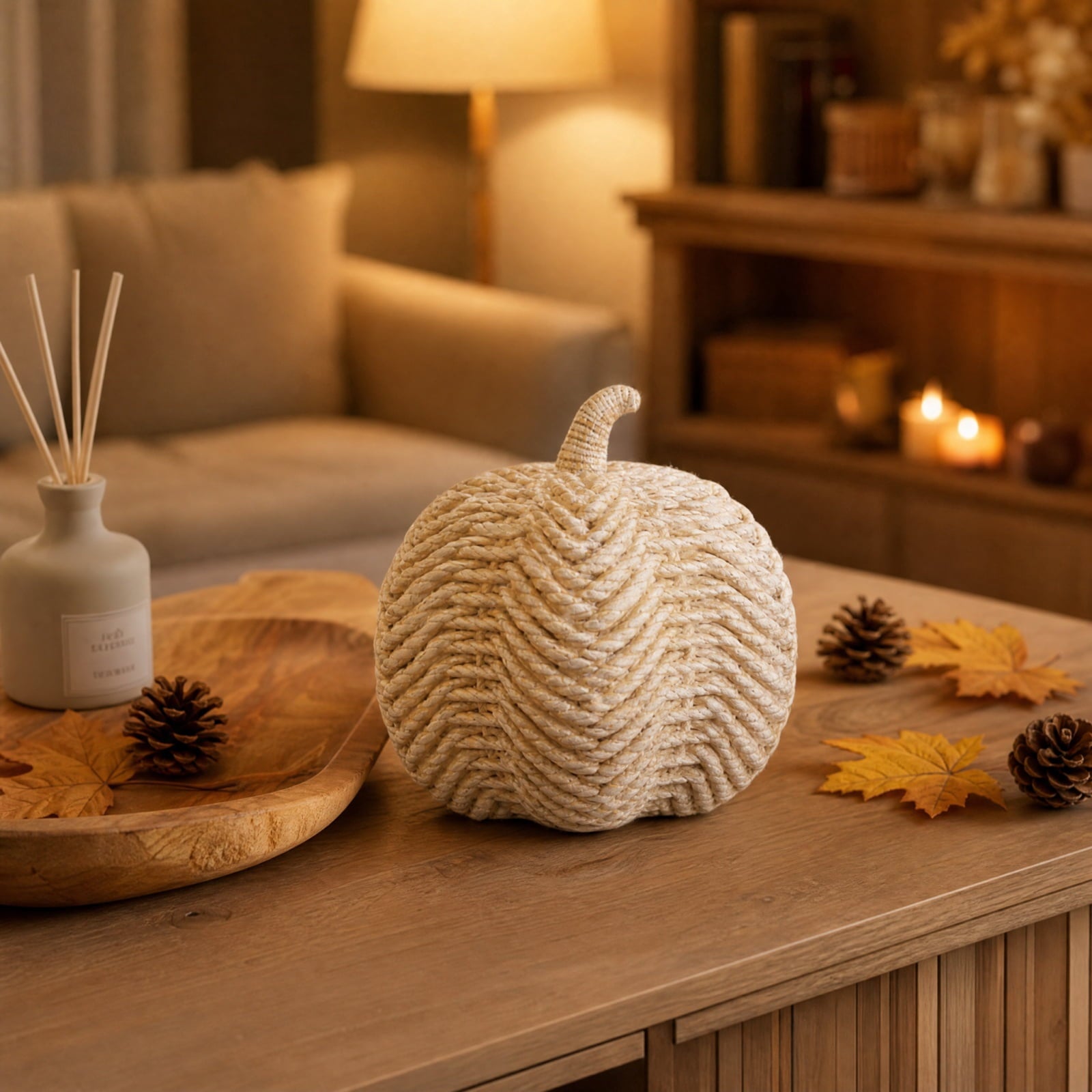 Spooksy™ Faux Rattan Pumpkin Decor, Beige Woven Halloween Ornaments for Fall Home Boho Farmhouse Table Centerpiece Mantel Shelf Porch Autumn Decoration Resin