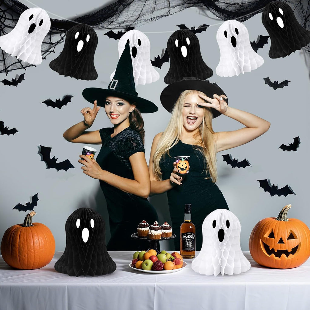 Spooksy™ 10 PCS Halloween Ornaments Hanging Cute White Black Ghost Honeycomb Decoration Halloween Tree Decorations Paper Ghost Table Decor for Home Office Classroom Holiday Party Supplies