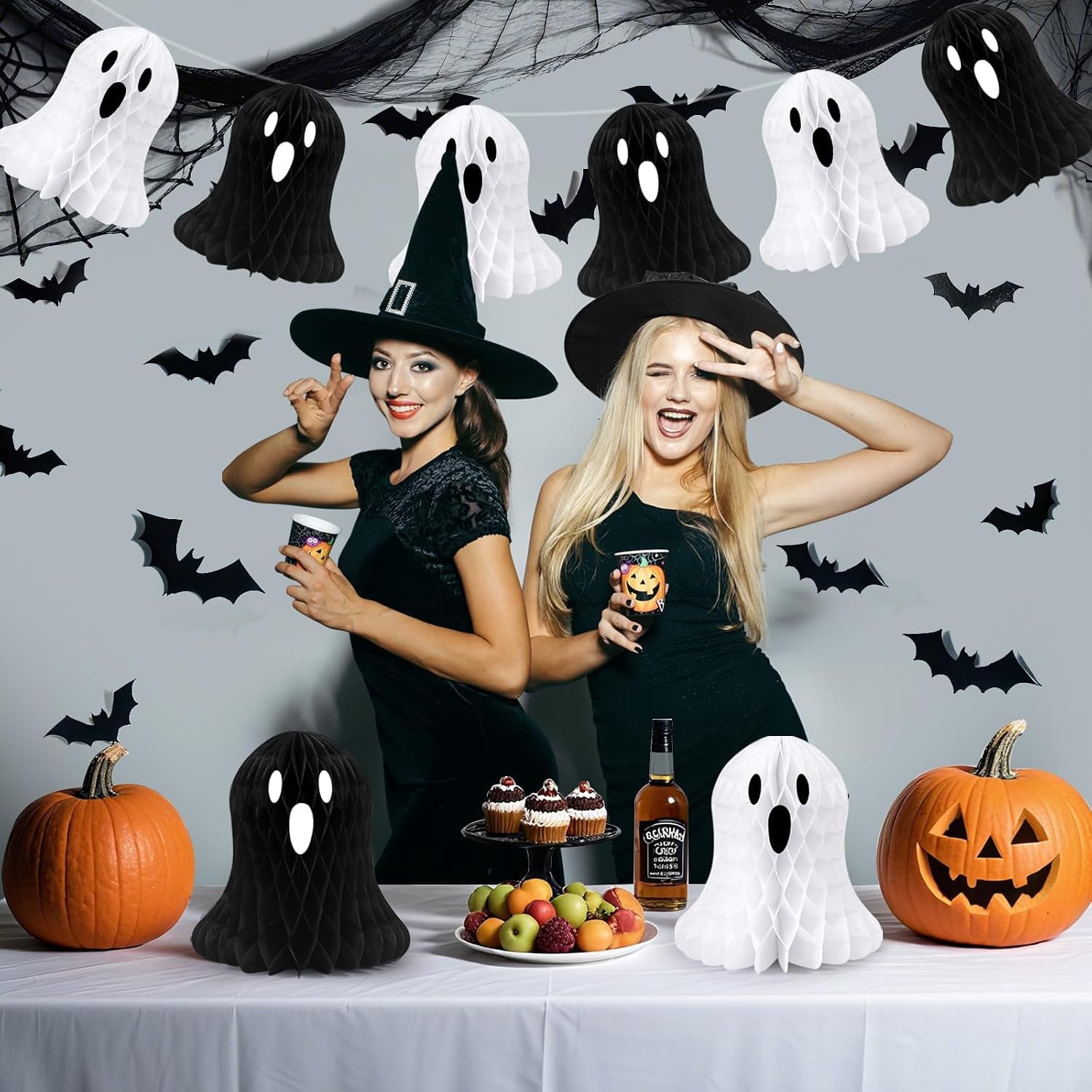 Spooksy™ 10 PCS Halloween Ornaments Hanging Cute White Black Ghost Honeycomb Decoration Halloween Tree Decorations Paper Ghost Table Decor for Home Office Classroom Holiday Party Supplies