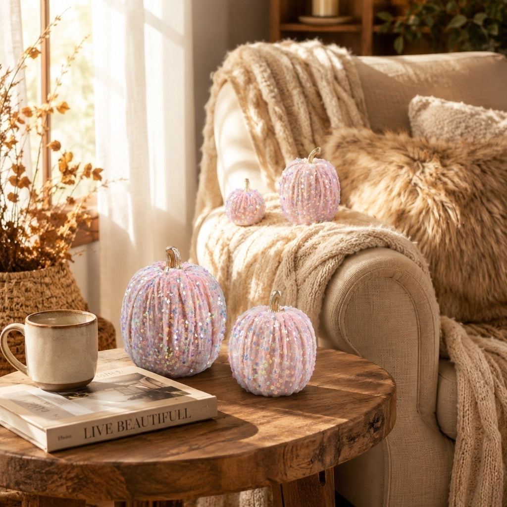 Spooksy™ Gaecuw 7 Pack Glitter Pumpkin Decor Sequin Velvet Fall Ornaments for Thanksgiving Table, Halloween Display, Mixed Sizes, Beige