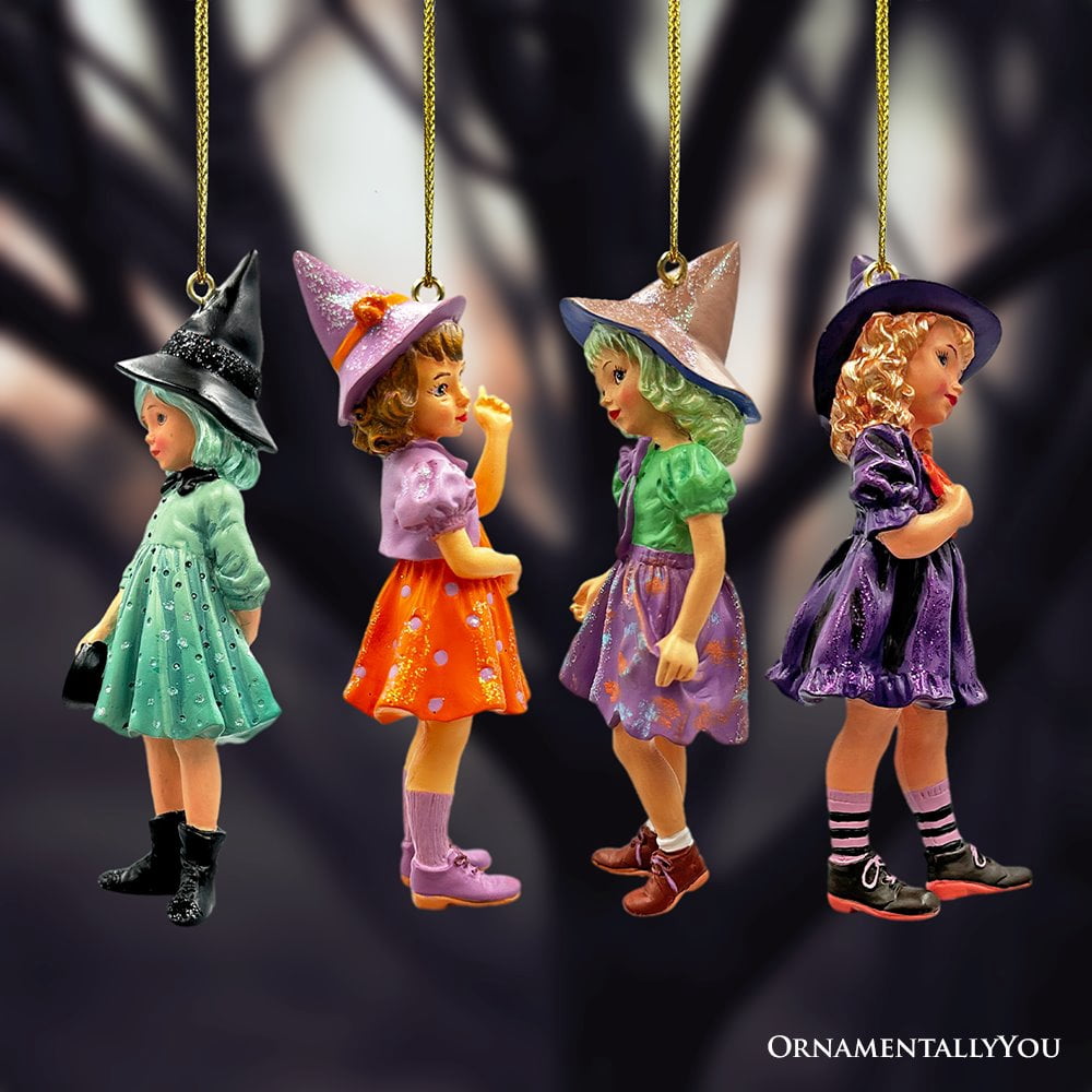 Spooksy™ Classic Victorian Little Witch Girls Set of 4 Ornaments, Vintage Halloween Tree Resin Decoration