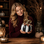 Spooksy™ GIPQJK Resin Pumpkin Decoration Sculpture, Black White Striped Halloween Ornament with Gold Bow, Retro Garden Pole Prop for Party Home Decor, 1 Piece A