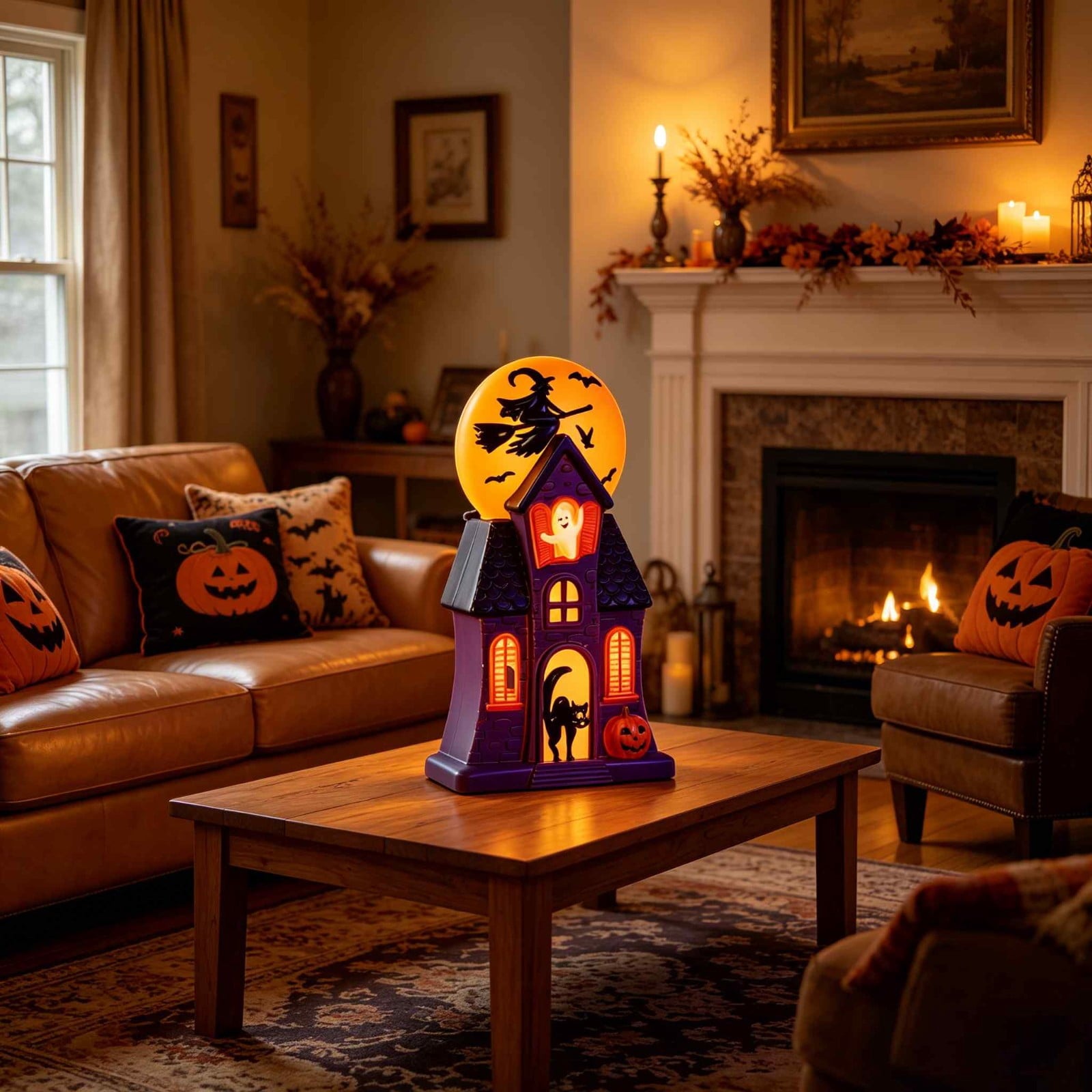 Spooksy™ Light Up Halloween House Tabletop Decor, LED Spooky Resin House with Witch Ghost Pumpkin Scene, Glowing Decoration for Mantel Shelf Party