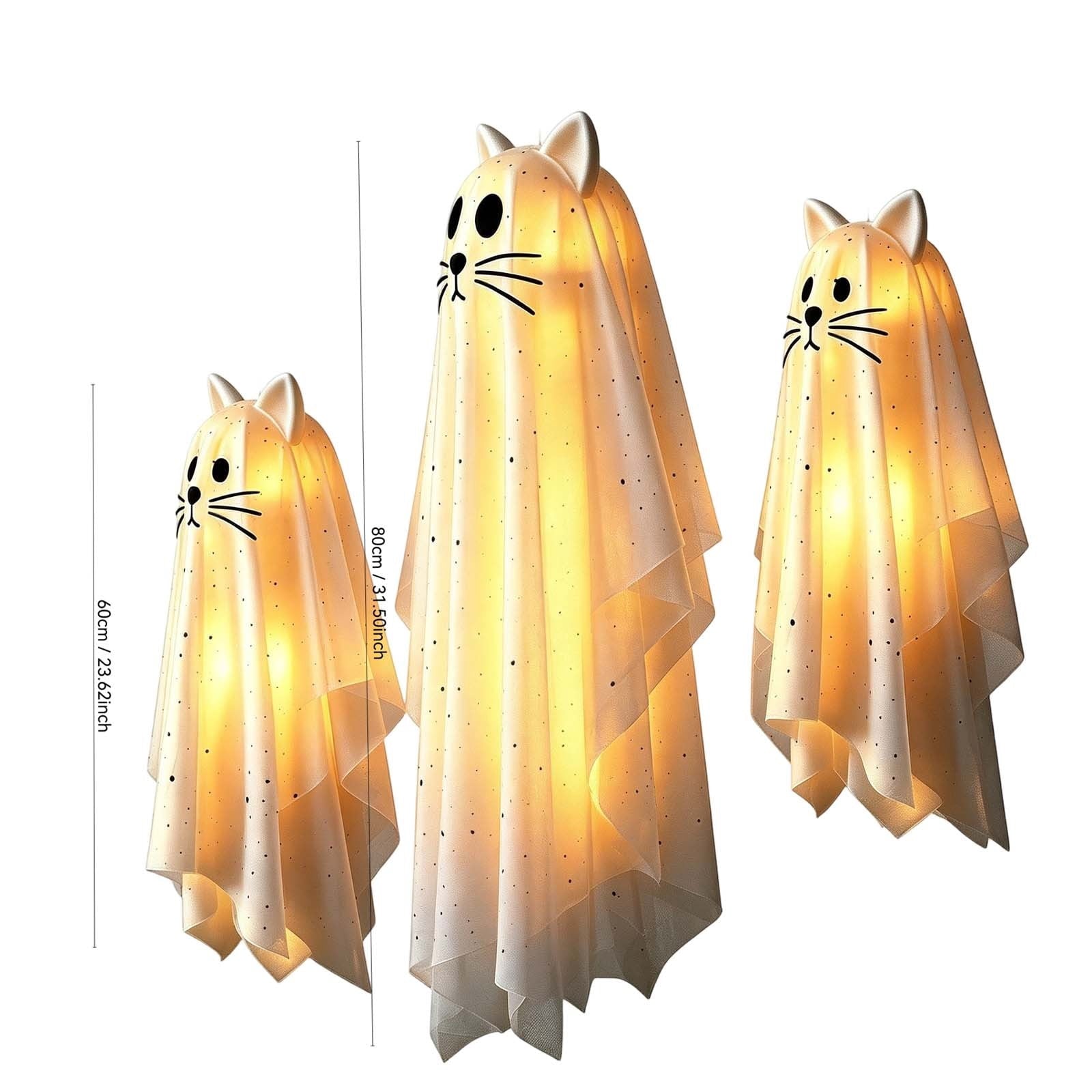 Spooksy™ Hanging Ghost Decorations, 3 Pack Light Up Cat Ghost Ornaments with Warm LED Lights Glitter Fabric Floating Design, Cute Spooky Halloween Decor for Porch Tree Yard Indoor Outdoor